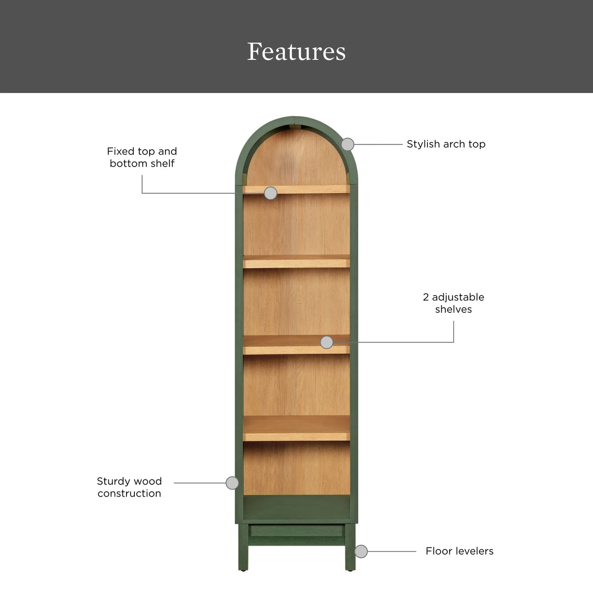 Better Homes & Gardens Juliet Narrow Arch Bookcase, Deep Green and Light Honey