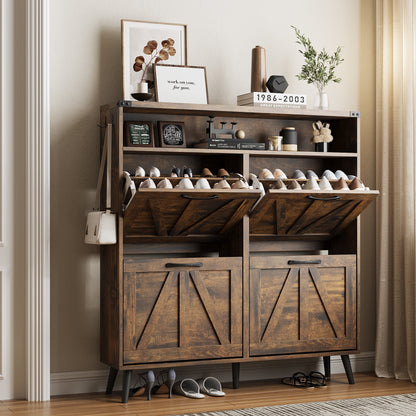 Veanerwood Shoe Cabinet with 2 Flip Drawers Farmhouse Shoe Storage Cabinet Organizer for Entryway, Gray