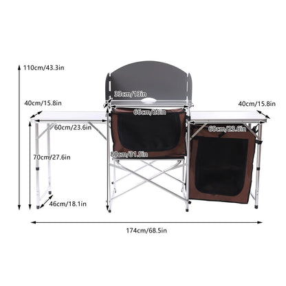 Camping Table with Storage Organizer and Windscreen Portable Outdoor Cooking Table Foldable Camp Table Camping Kitchen Station with 2 Side Tables for BBQ Grill Picnics