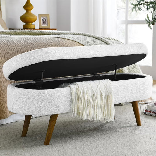Sumdeal 43.5" Storage Ottoman Bench with 250lb Seating, Linen Upholstered Wood Legs Safety Hinge Flip Top Oval Foot Rest Long Stool for Sofa Couch Bedroom End of Bed Living Room Entryway, White