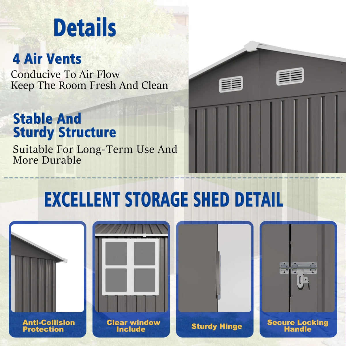 10 x 8 FT Outdoor Storage Shed, Large Metal Storage Shed, Lockable Door and Air Vent, Clear Window Garden Tool Shed for Bicycles, Tools, Lawnmowers, Backyards, Patios, Lawns - Gray