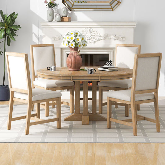 5 Piece Round Dining Table Set, Dining Room Set with Extendable Table and 4 Upholstered Chairs, Wood Dining Table Set for 4, Farmhouse Dining Table Set for Kitchen Dining Room Dorm Apartment, Brown