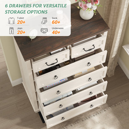 Vabches Farmhouse 6 Drawer Dresser, 43" Tall Chest of Drawers for Bedroom, Living Room, Hallway, Entryway, Antique White
