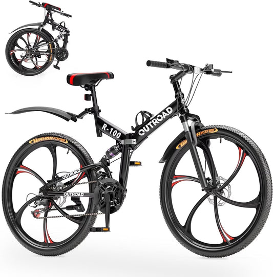 SUNCROWN 26 Inch Folding Mountain Bike, 21 Speed Full Suspension High-Carbon Steel MTB Foldable Bicycle, Dual Disc Brake Non-Slip Folding Bikes for Adults/Men/Women, Black