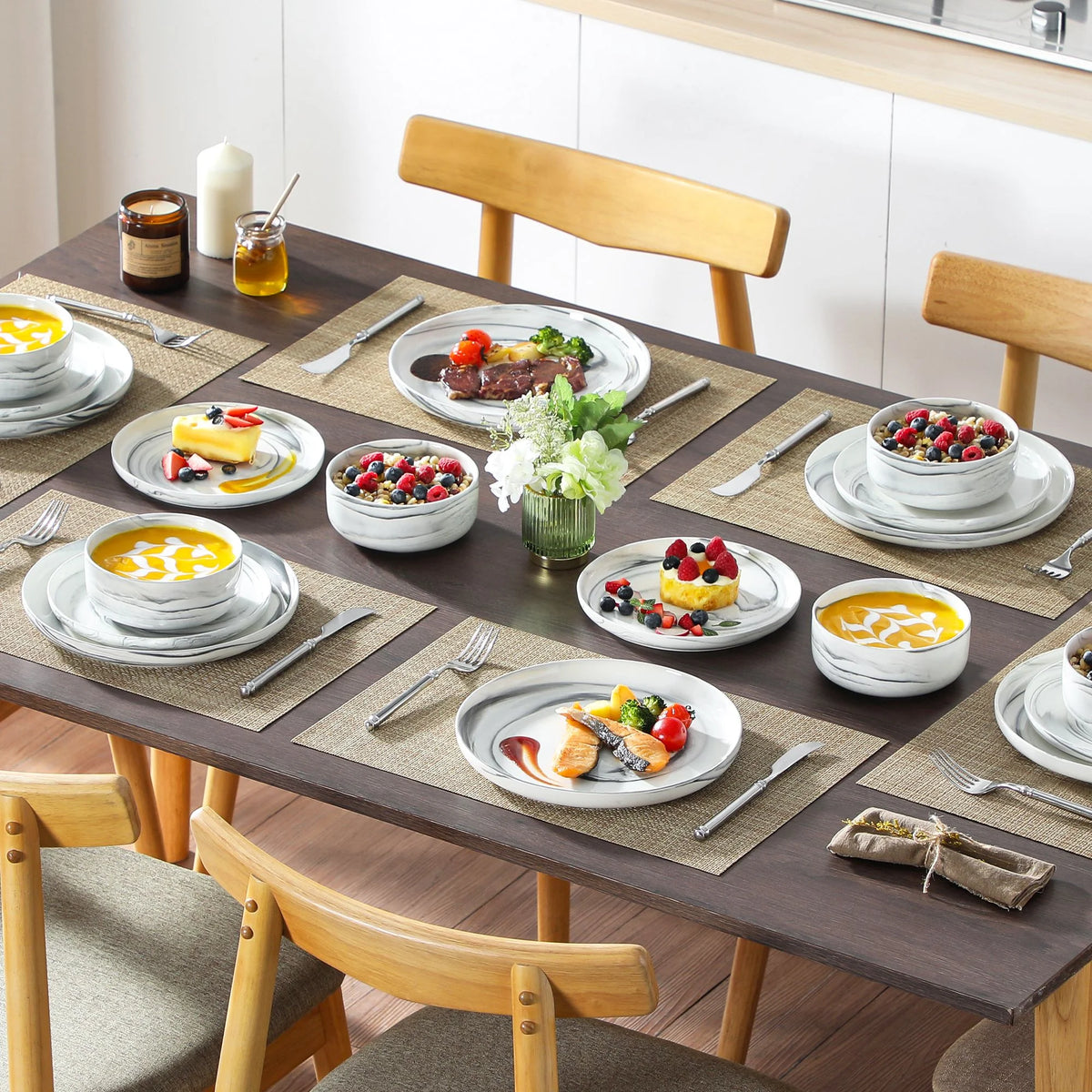 vancasso 36 Pieces Dinnerware Sets, Plates and Bowls Set for 8, Porcelain Dinner Set, White with Black Rim