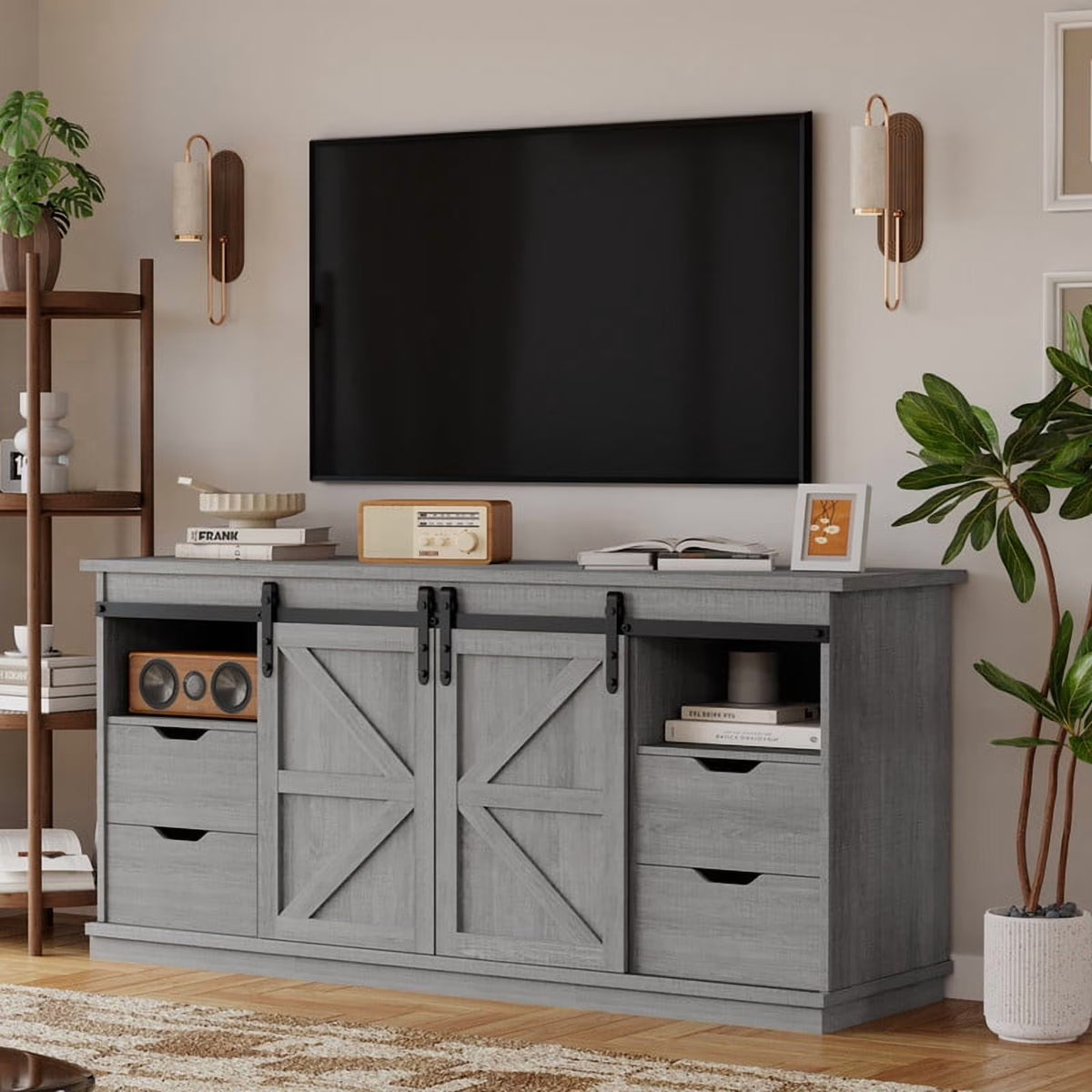 Vineego 70 inch Farmhouse TV Stand for Living Room, Entertainment Center with Sliding Barn Doors & 4 Storage Drawers, Adjustable Shelves Rustic Media Console for Bedroom,White