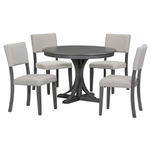 5 Piece Retro Round Dining Table Set with 4 Upholstered Chairs, Wood Dining Table with Curved Trestle Style Legs