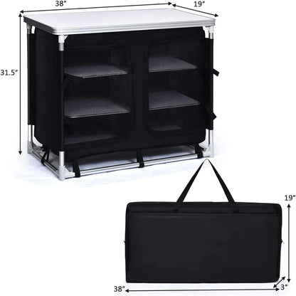 Cook Table Kitchen Station with Storage Organizer and Carrying Bag, for BBQ Party, Picnics, Backyards, Tailgating, Portable, Black