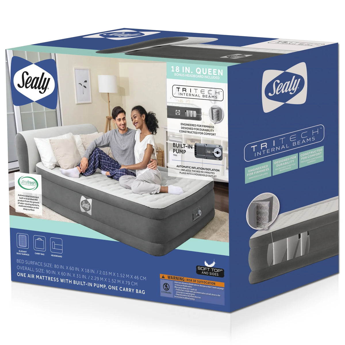 SEALY Tritech Airbed Queen 31" Headboard Built-in AC pump