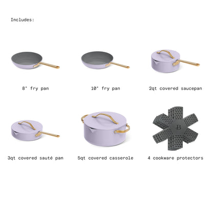 Beautiful 12pc Ceramic Non-Stick Cookware Set with Strainer Lids, White Icing by Drew Barrymore