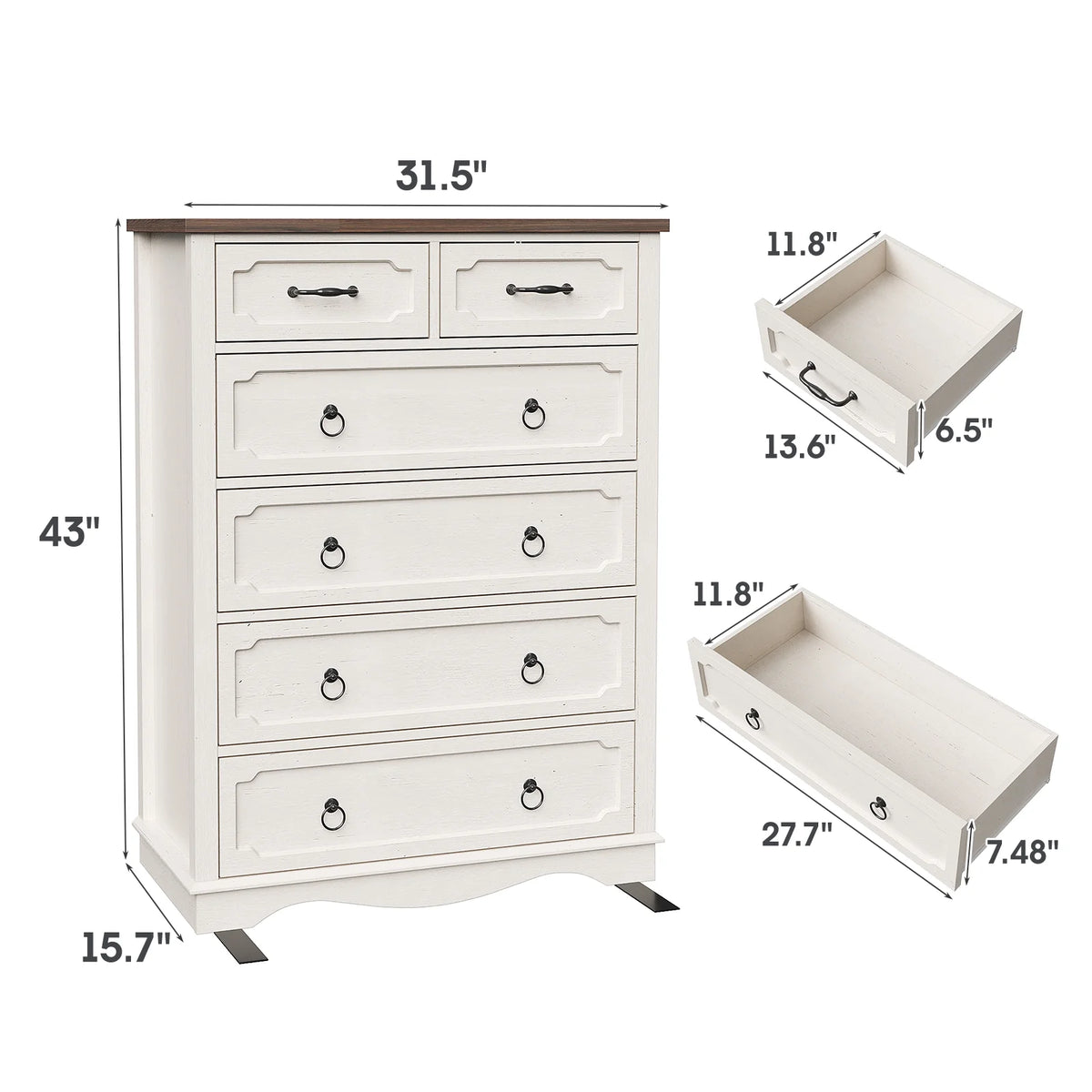 Vabches Farmhouse 6 Drawer Dresser, 43" Tall Chest of Drawers for Bedroom, Living Room, Hallway, Entryway, Antique White