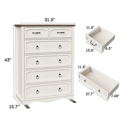 Vabches Farmhouse 6 Drawer Dresser, 43" Tall Chest of Drawers for Bedroom, Living Room, Hallway, Entryway, Antique White