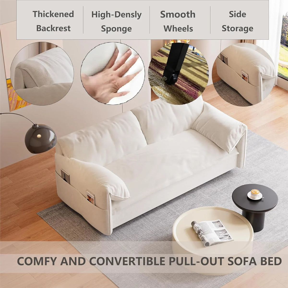 Tabaray 63.8" Futon Sofa Bed Queen Size, Pull Out Bed, 3-in-1 Convertible Sleeper Sofa with Side Pocket, Modern Plush Velvet Futon Couch for Living Room, Small Space, Apartment, Bedroom, Black