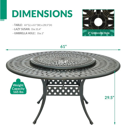 VIVIJASON Outdoor 61" Patio Dining Table for 6-8 Person, Large Patio Round Dining Table with 24" Lazy Susan, Dark Bronze Cast Aluminum Rustic Patio Table W/Umbrella Hole for Balcony, Porch and Deck