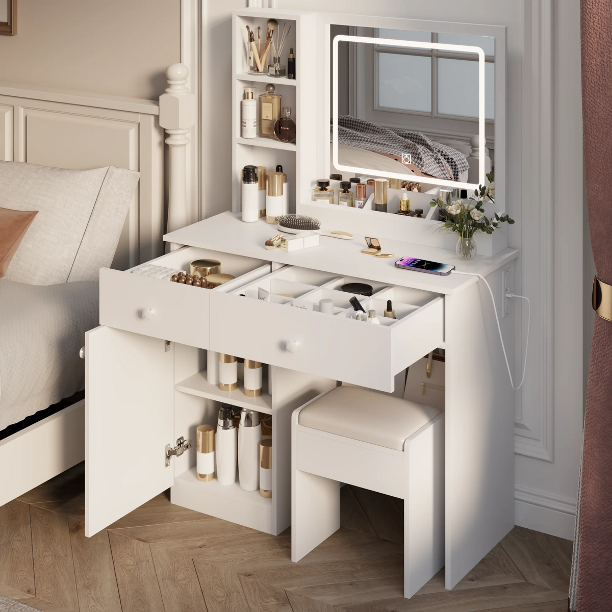 Wohh MDF Makeup Vanity with LED Mirror, Dressing Table and 5 Drawers, White