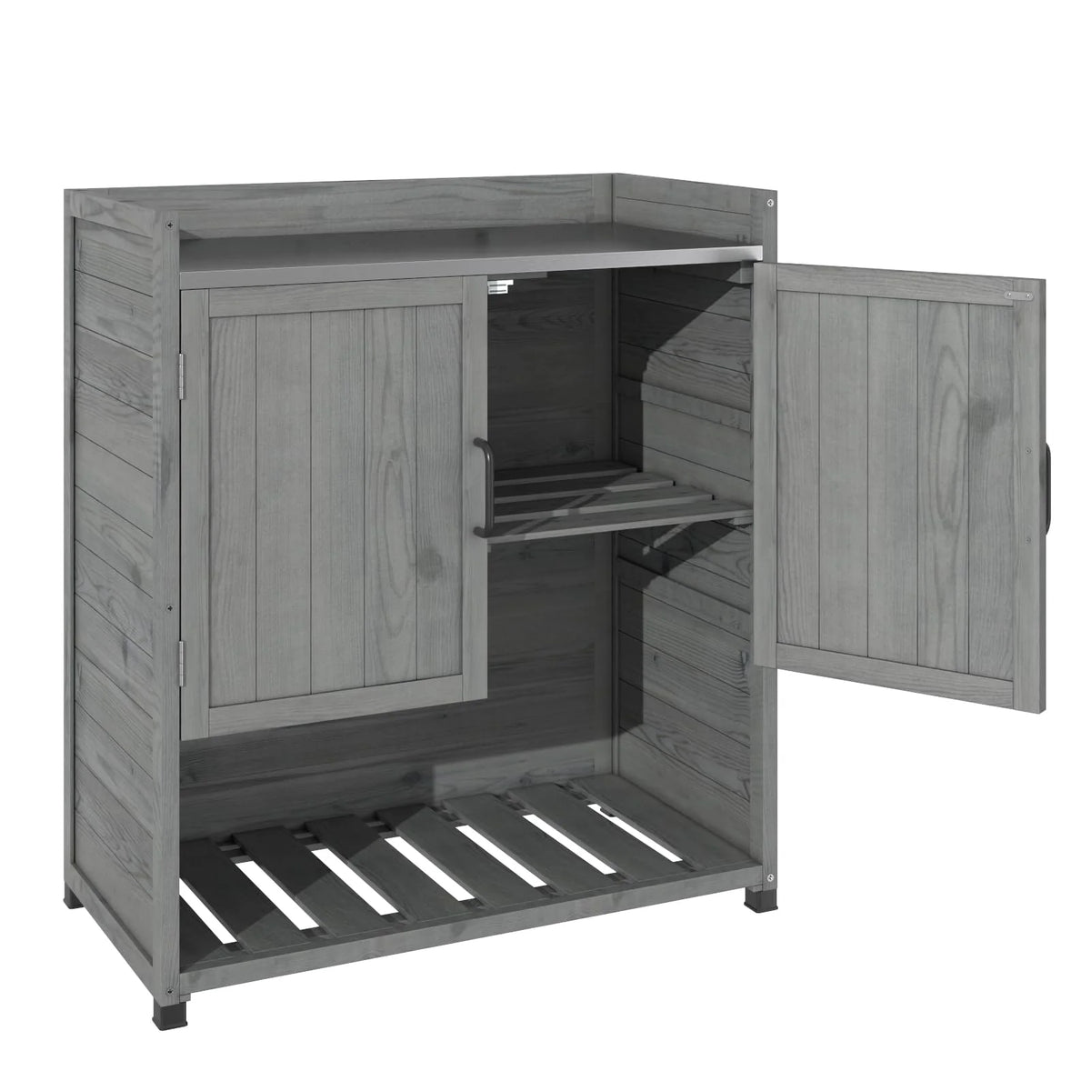 YODOLLA Potting Bench, Wooden Outdoor Storage Cabinet with Adjustable Shelf, Patio Storage with Metal Tabletop, Potting Table for Garden, Patio and Lawns, Gray
