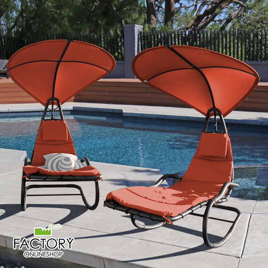 2X Rocking Hanging Lounge Chair - Curved Chaise Rocking Lounge Chair Swing For Backyard Patio w/ Built-in Pillow Removable Canopy with stand {Green}