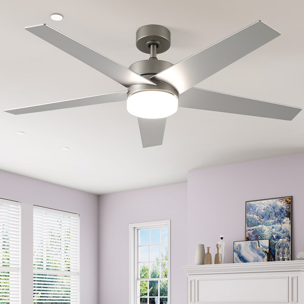 Uforic 52" Modern Ceiling Fan with Lights and Remote Control, 5-Blade Ceiling Fan with Dimmable Tri-Color Light, Quiet and Reversible 6-Speed DC Motor, Perfect for Bedroom, Living Room - Silver