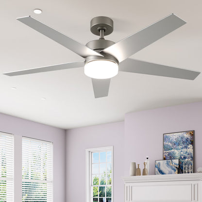 Uforic 52" Modern Ceiling Fan with Lights and Remote Control, 5-Blade Ceiling Fan with Dimmable Tri-Color Light, Quiet and Reversible 6-Speed DC Motor, Perfect for Bedroom, Living Room - Silver