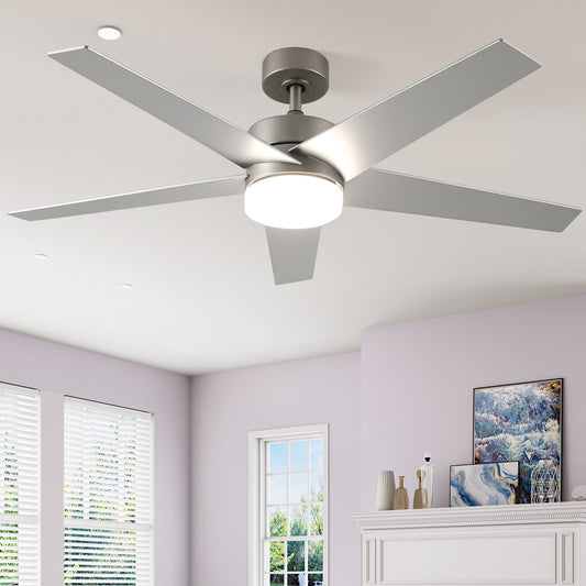 Uforic 52" Modern Ceiling Fan with Lights and Remote Control, 5-Blade Ceiling Fan with Dimmable Tri-Color Light, Quiet and Reversible 6-Speed DC Motor, Perfect for Bedroom, Living Room - Silver