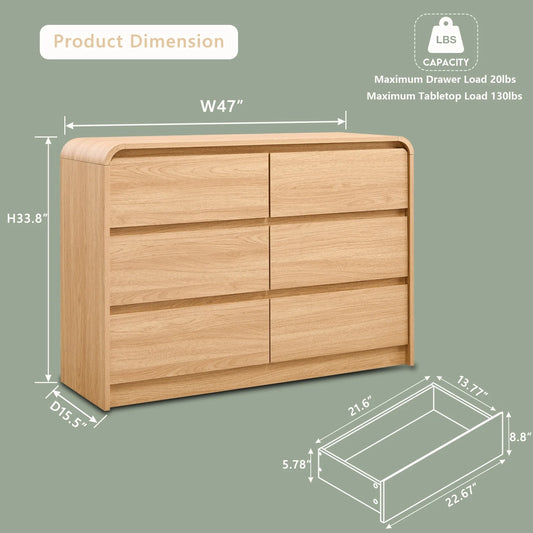 wow97e Modern 6 Drawers Dresser for Bedroom, 47" Wide Wood Chest of Drawers w/Curved Profile Design, for Bedroom, Living Room, Natural Oak