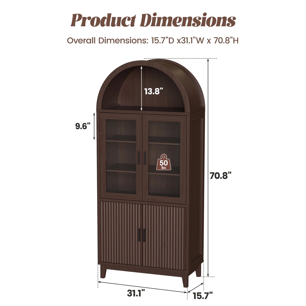 VEANERWOOD 71" Tall Arch Cabinet, Wood Fluted Kitchen Kitchen Storage Cabinet with 4 Doors and 6 Shelves for Dining Room Living Room