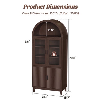 VEANERWOOD 71" Tall Arch Cabinet, Wood Fluted Kitchen Kitchen Storage Cabinet with 4 Doors and 6 Shelves for Dining Room Living Room