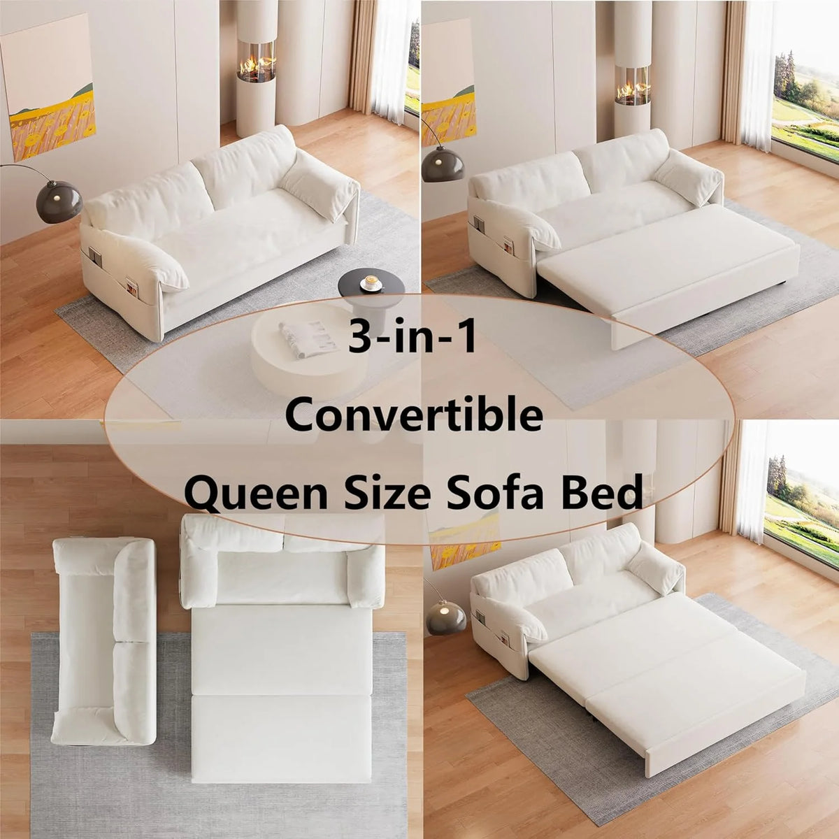 Tabaray 63.8" Futon Sofa Bed Queen Size, Pull Out Bed, 3-in-1 Convertible Sleeper Sofa with Side Pocket, Modern Plush Velvet Futon Couch for Living Room, Small Space, Apartment, Bedroom, Black