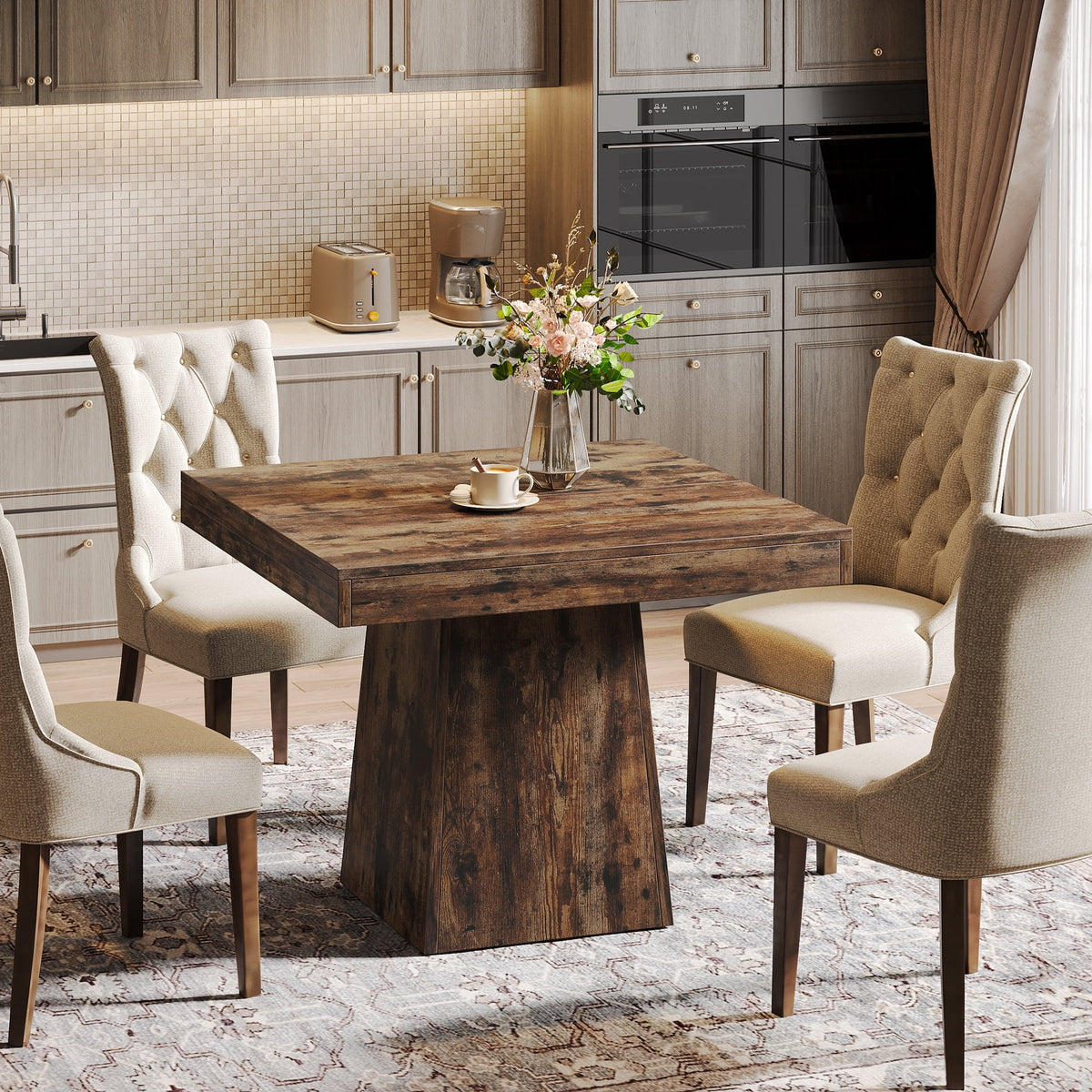 Tribesigns Square Dining Table for 4, 31.5-Inch Kitchen Table Small Dinner Table with Sturdy Pedestal Base, Farmhouse Dining Room Table for Home Dining Room, Living Room, Kitchen, Vintage Brown