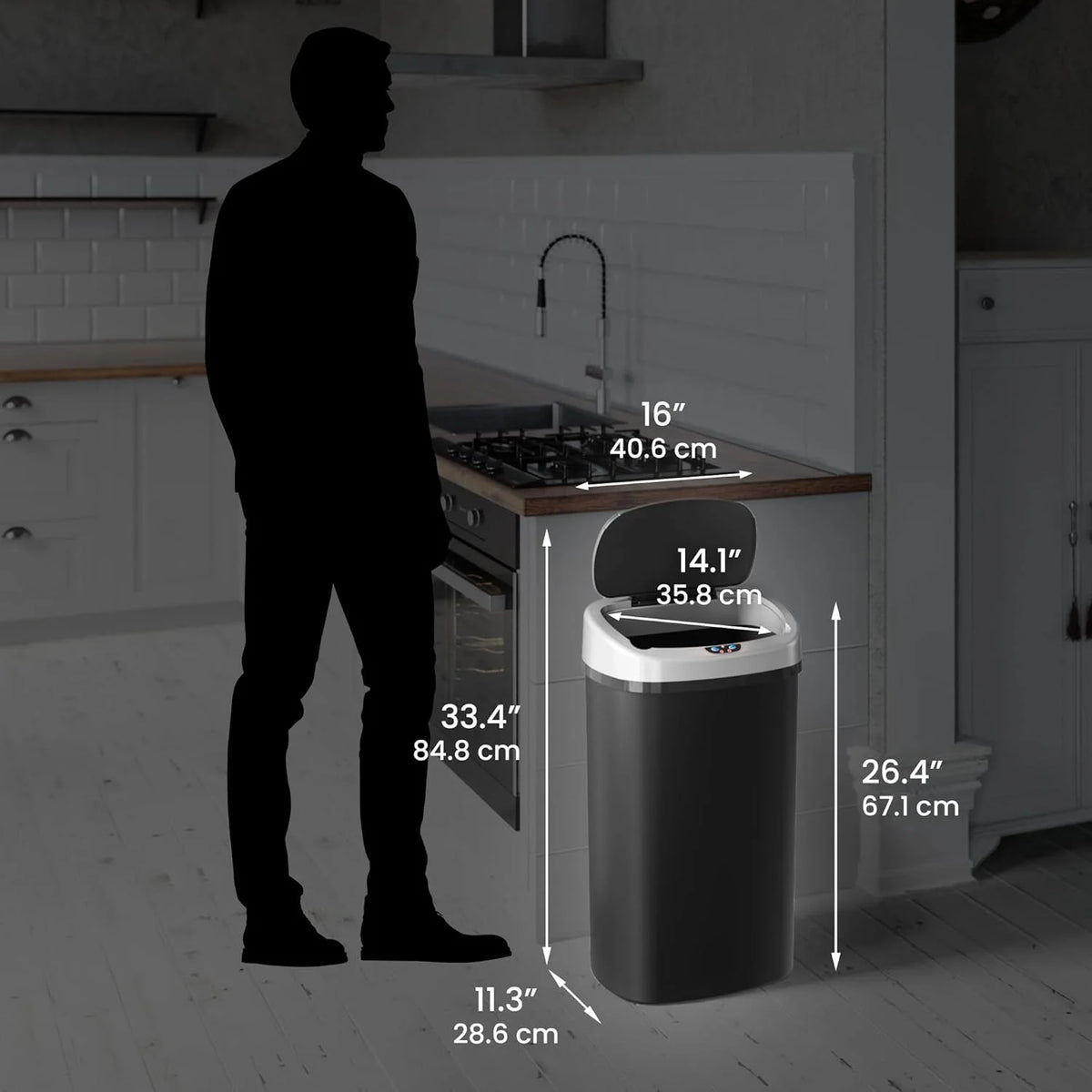 13 Gallon Plastic Sensor Kitchen Trash Can with Odor Filter, Slim Space-Saving Garbage Bin