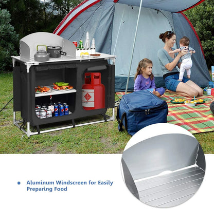Portable Camping Kitchen Table, Camping Grill Table w/Windscreen & Storage Organizer, Outdoor Kitchen Cook Station with Basin for BBQ, Party, Picnics, Backyards, BBQ Table
