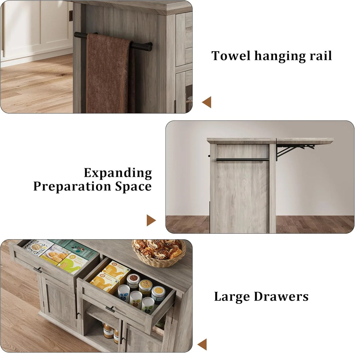 WALYWIK Foldable Kitchen Island Cart with Wheels, 2 Glass Doors, Spice Rack & Towel Holder �C Compact Mobile Storage Cart for Small Kitchens, Dining Rooms, Camping & RVs - Grey