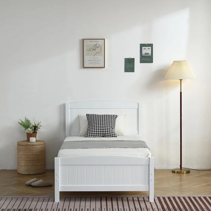 Zimtown Twin Bed Frame,Solid Pine Wood Kids Twin Platform Bed Frame, Bedroom Twin Bed with Headboard for Adults, White