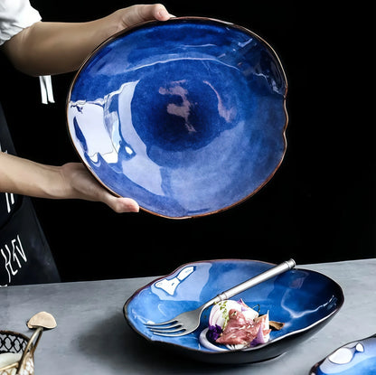 TAUFIKT 16pcs Nordic-style Ceramic Tableware Set, Blue Irregular Artistic Design Dinnerware