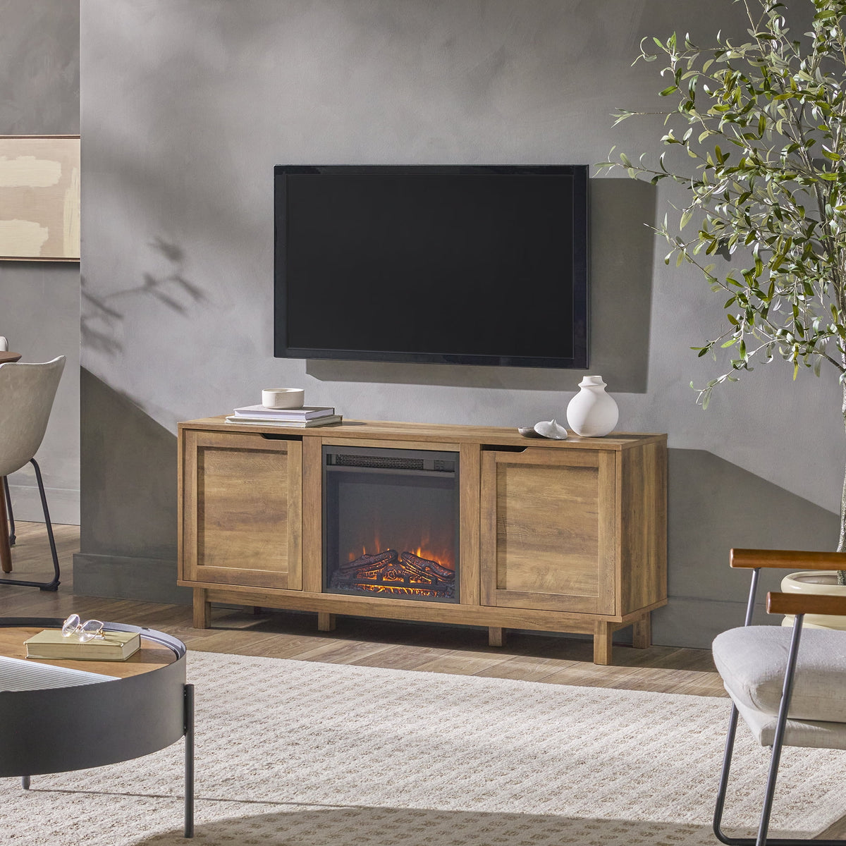 Walker Edison Transitional 2-Door Fireplace TV Stand for TVs up to 65��, Reclaimed Barnwood