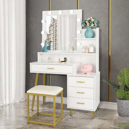 White Vanity Desk with Mirror and Lights, Makeup Vanity with Cushioned Stool, 3 Storage Shelves and 4 Drawers, Bedroom Dressing Table for Girls and Women, Christmas Gift