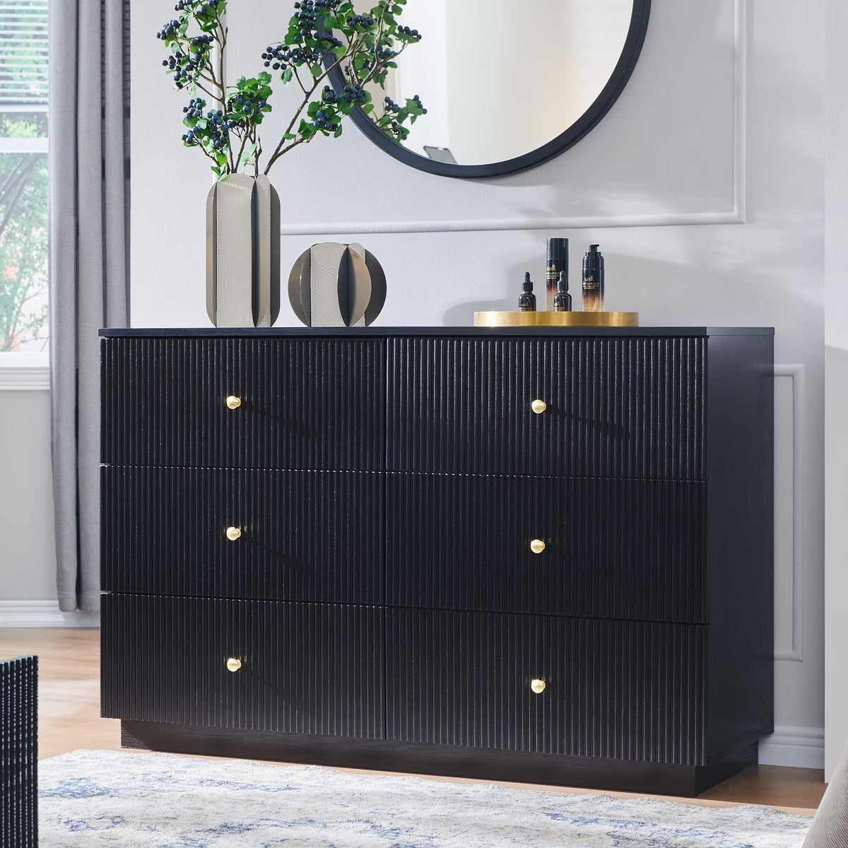 wow97e Fluted 6 Drawers Dresser, Wood 47" Tall Chest of Drawers with Deep Storage, Modern Bedroom Chest for Closet Hallway, Entryway, Living Room