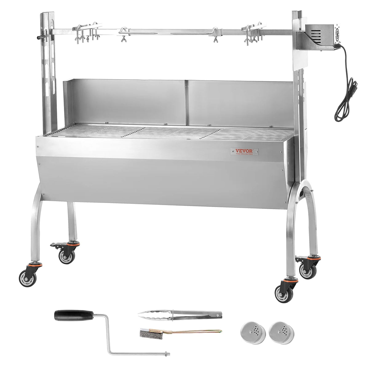 VEVOR Rotisserie Grill with Windscreen, BBQ Whole Pig Lamb Goat Charcoal Spit Grill, 46 Inch 132 Lbs Capacity, Electric 52W Motor Stainless Steel Roaster with Lockable Wheels, for Camping Outdoor