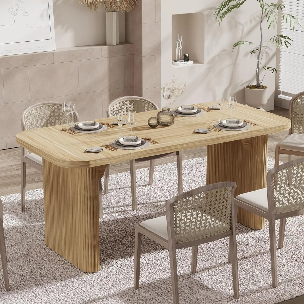Tribesigns Farmhouse Dining Table for 4-6, Rectangular Wood Kitchen Table with Double Pedestal, 62-Inch Dinner Table for Dining Room, Living Room (Natural)