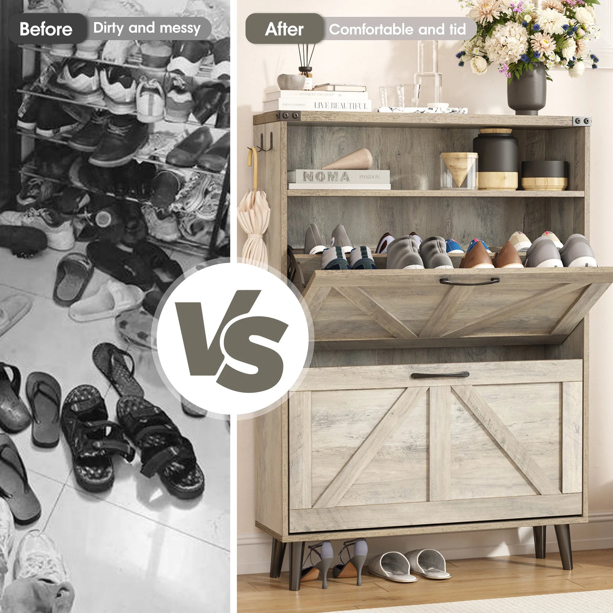 Veanerwood Shoe Cabinet with 2 Flip Drawers Farmhouse Shoe Storage Cabinet Organizer for Entryway, Gray
