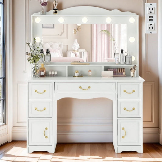 Vanity Desk with Mirror and Light 1 Piece Bohemian White Vanity Table,French Country Style