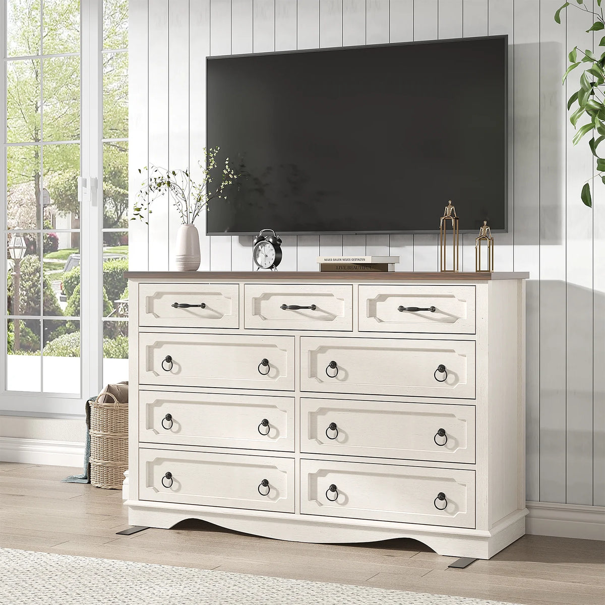 Vabches Farmhouse 6 Drawer Dresser, 43" Tall Chest of Drawers for Bedroom, Living Room, Hallway, Entryway, Antique White