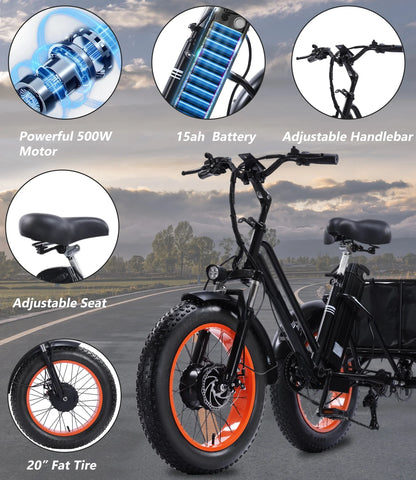 YEBEI Electric Tricycle for Adults Folding E-Trike Motorized Tricycle Electric 3 Wheels Trike Powerful 500W Motor Electric Tricycle 48V15AH Lithium Battery Max 20MPH 20*4.0�� Fat Tire Orange
