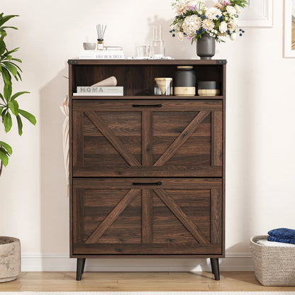 Veanerwood Shoe Cabinet with 2 Flip Drawers Farmhouse Shoe Storage Cabinet Organizer for Entryway, Gray