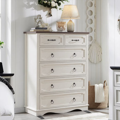 Vabches Farmhouse 6 Drawer Dresser, 43" Tall Chest of Drawers for Bedroom, Living Room, Hallway, Entryway, Antique White