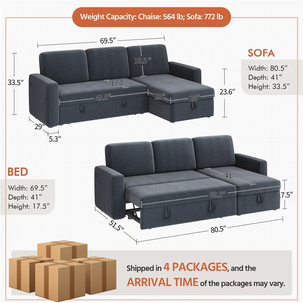 Alden Design Reversible Sectional Sofa with USB & Type-C Ports for Livingroom, Light Gray