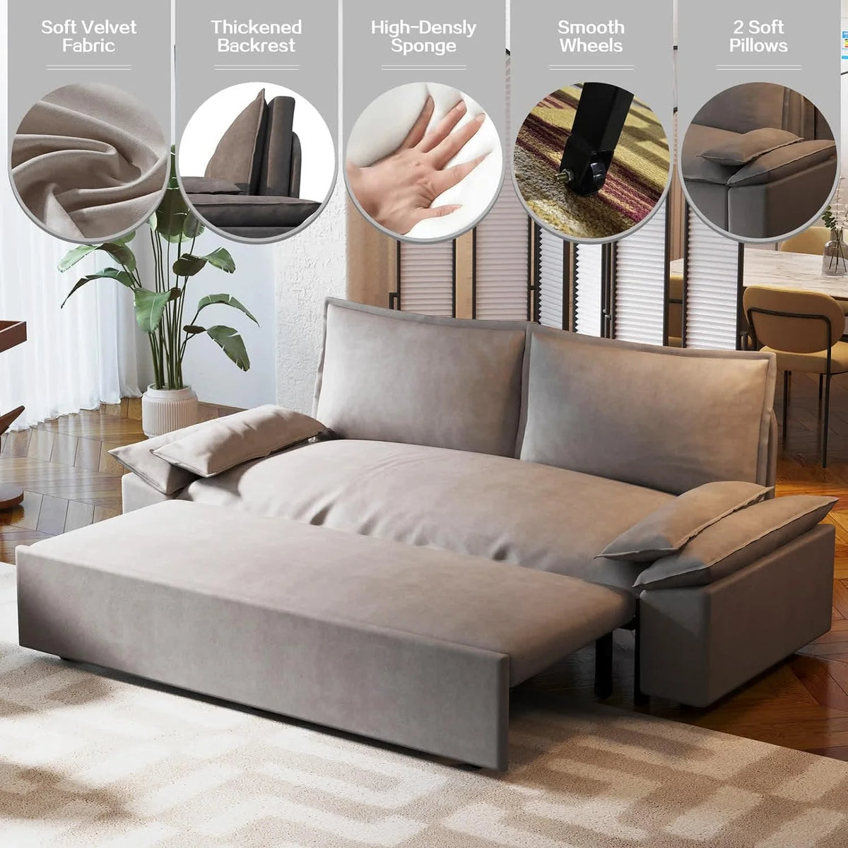 Tabaray 63.8" Futon Sofa Bed Queen Size, Pull Out Bed, 3-in-1 Convertible Sleeper Sofa with Side Pocket, Modern Plush Velvet Futon Couch for Living Room, Small Space, Apartment, Bedroom, Black