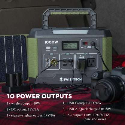 Swiss Tech 1000W portable power station 999Wh solar generator for camping & emergency use
