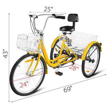 VEVOR 24"Adult Tricycle 7-Speed Three Wheel Bike Cruise Bike ,Seat Adjustable Trike with Bell, Brake System and Basket Cruiser Bicycles Size for Shopping