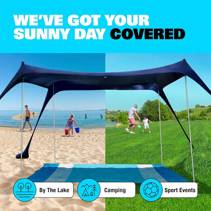 SUN NINJA 10x10.5 FT Pop-Up Beach Tent with Sand Shovel, Pegs & Stability Poles �C Navy Blue Sun Shelter for Beach, Camping & Outdoor Activities